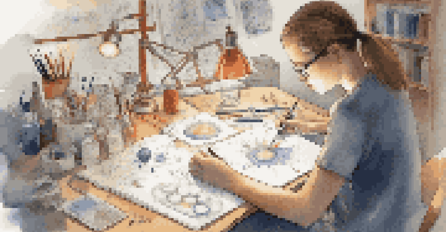 A close-up of a student sketching scientific concepts in a notebook, surrounded by art supplies and warm lighting.