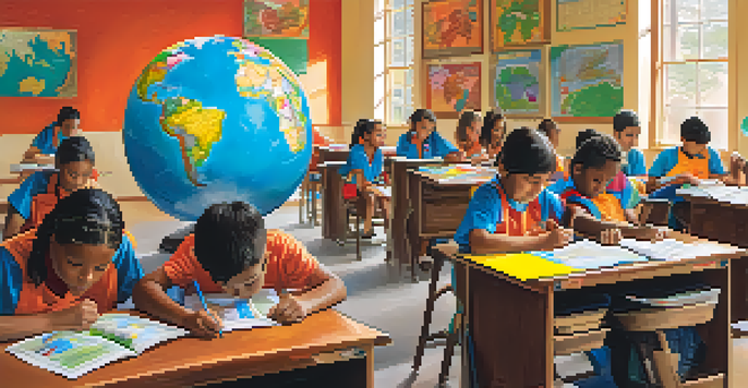 A diverse group of students collaborating on a project in a colorful classroom filled with educational materials and maps.