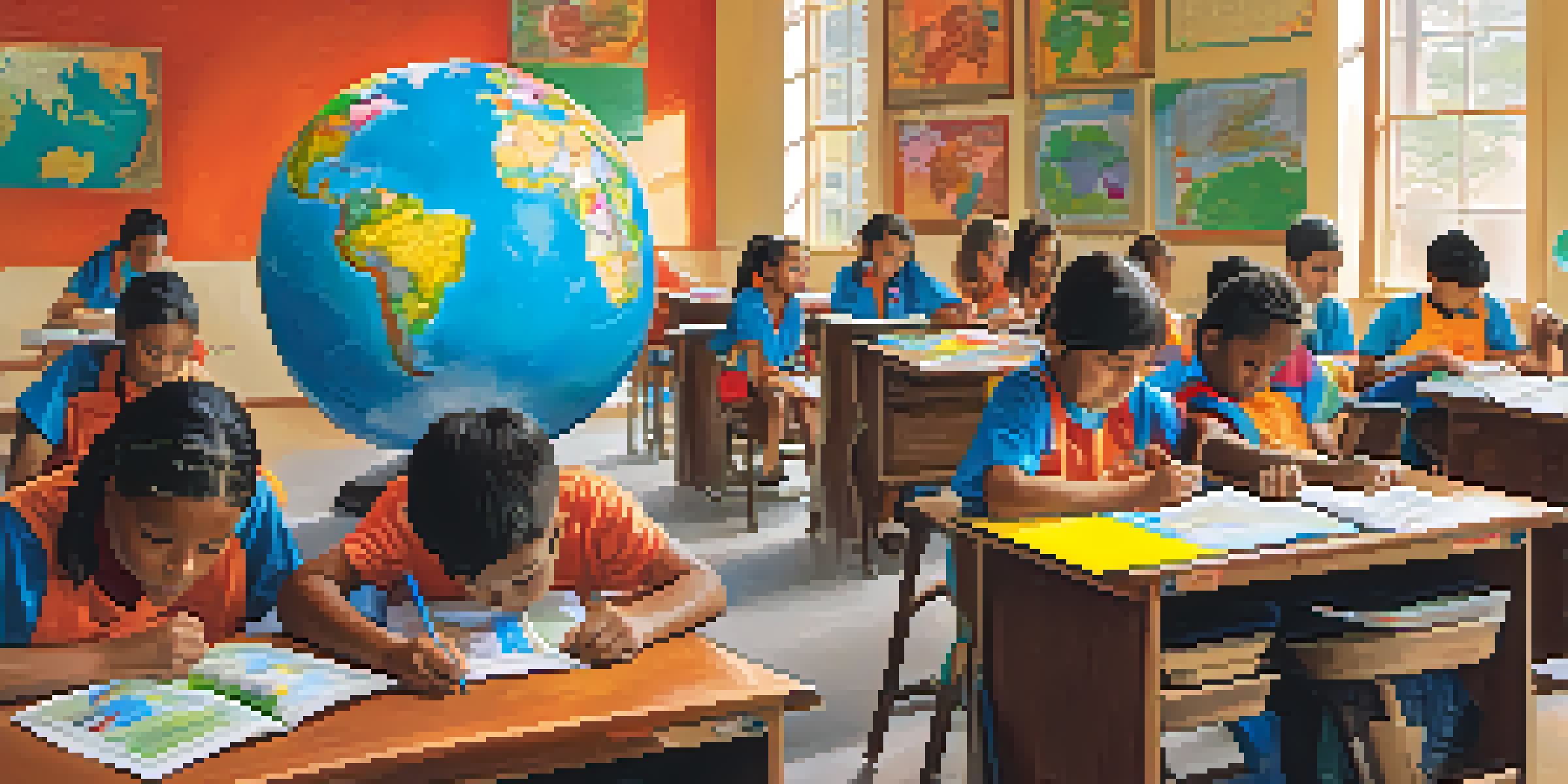 A diverse group of students collaborating on a project in a colorful classroom filled with educational materials and maps.