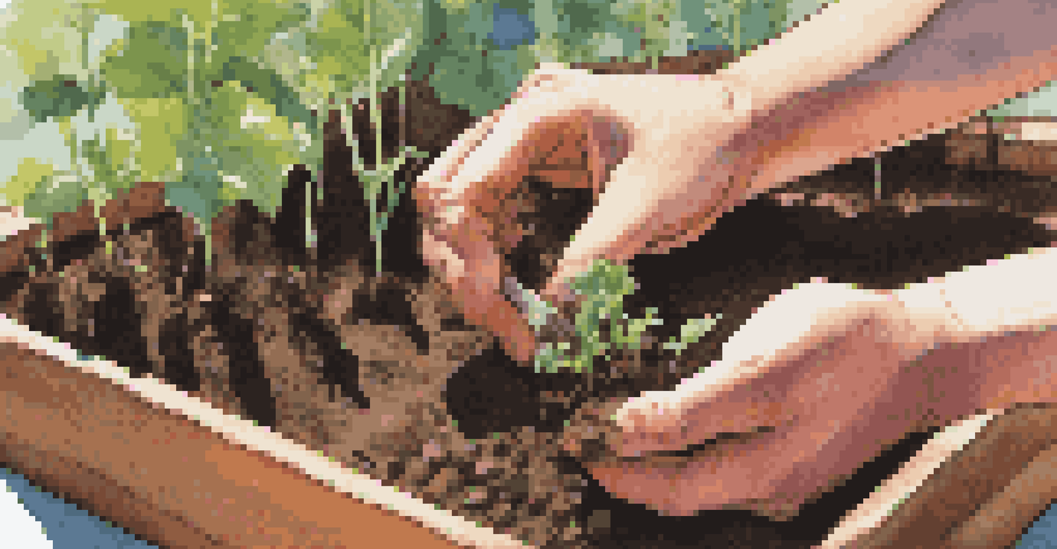 A student's hands planting seeds in a garden bed surrounded by gardening tools, with bright green sprouts emerging.