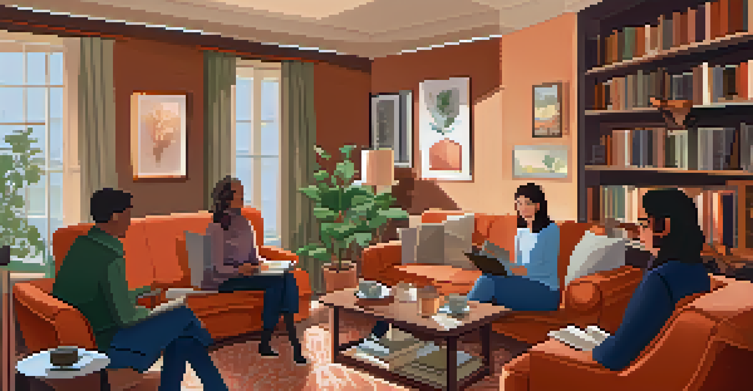 Participants in a virtual book club discussing a novel, surrounded by warm colors and cozy home settings.