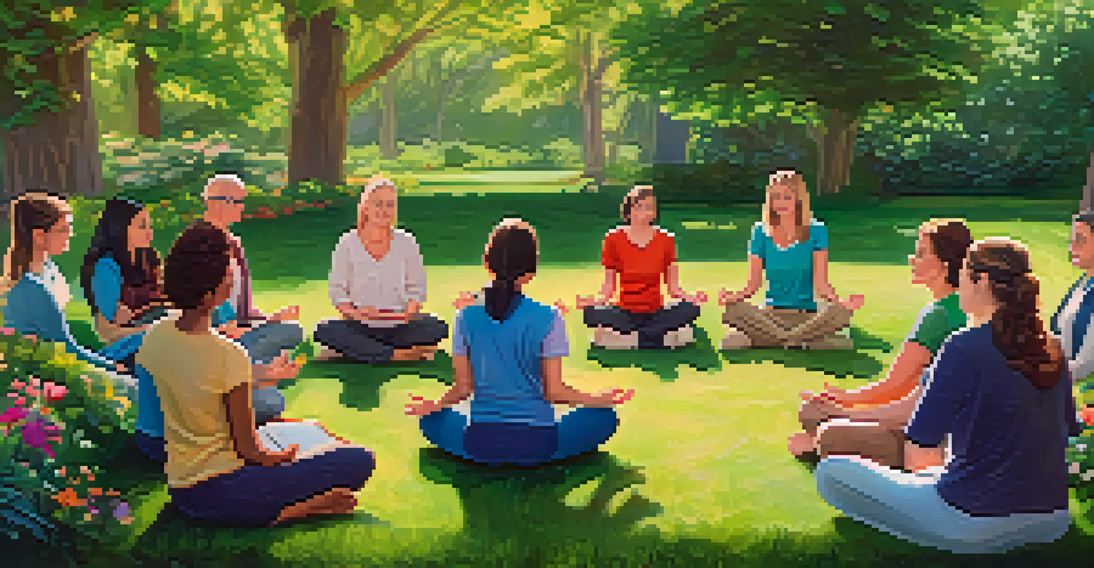 A group of teachers practicing mindfulness exercises in a serene garden setting.