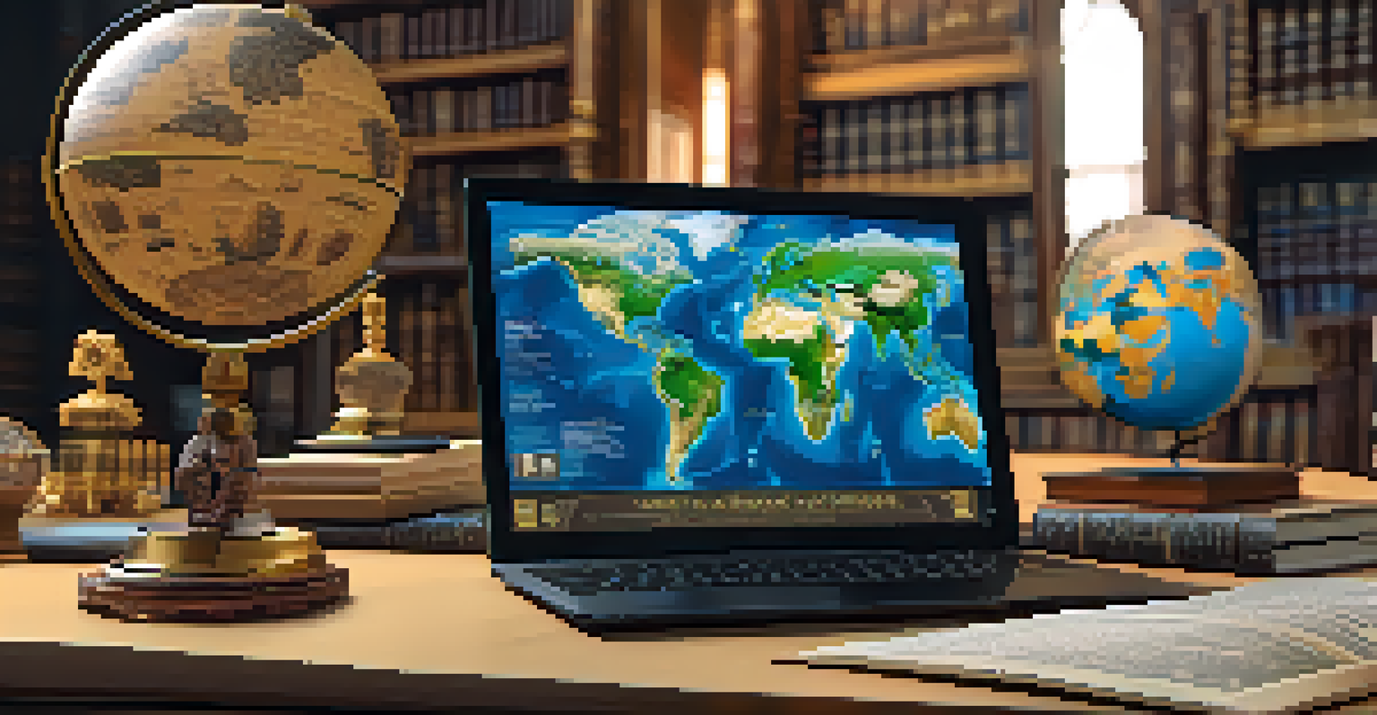 An open interactive history textbook shows a colorful 3D timeline of ancient civilizations above the pages, set on a desk in a cozy room.