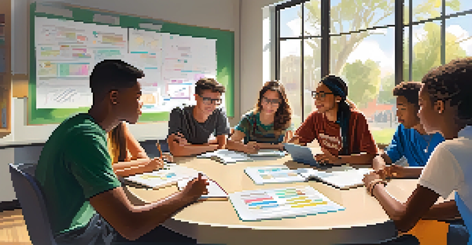 A diverse group of students sitting around a circular table, engaged in a lively discussion with laptops and notebooks. Natural light shines through windows, illuminating the room filled with notes and diagrams.