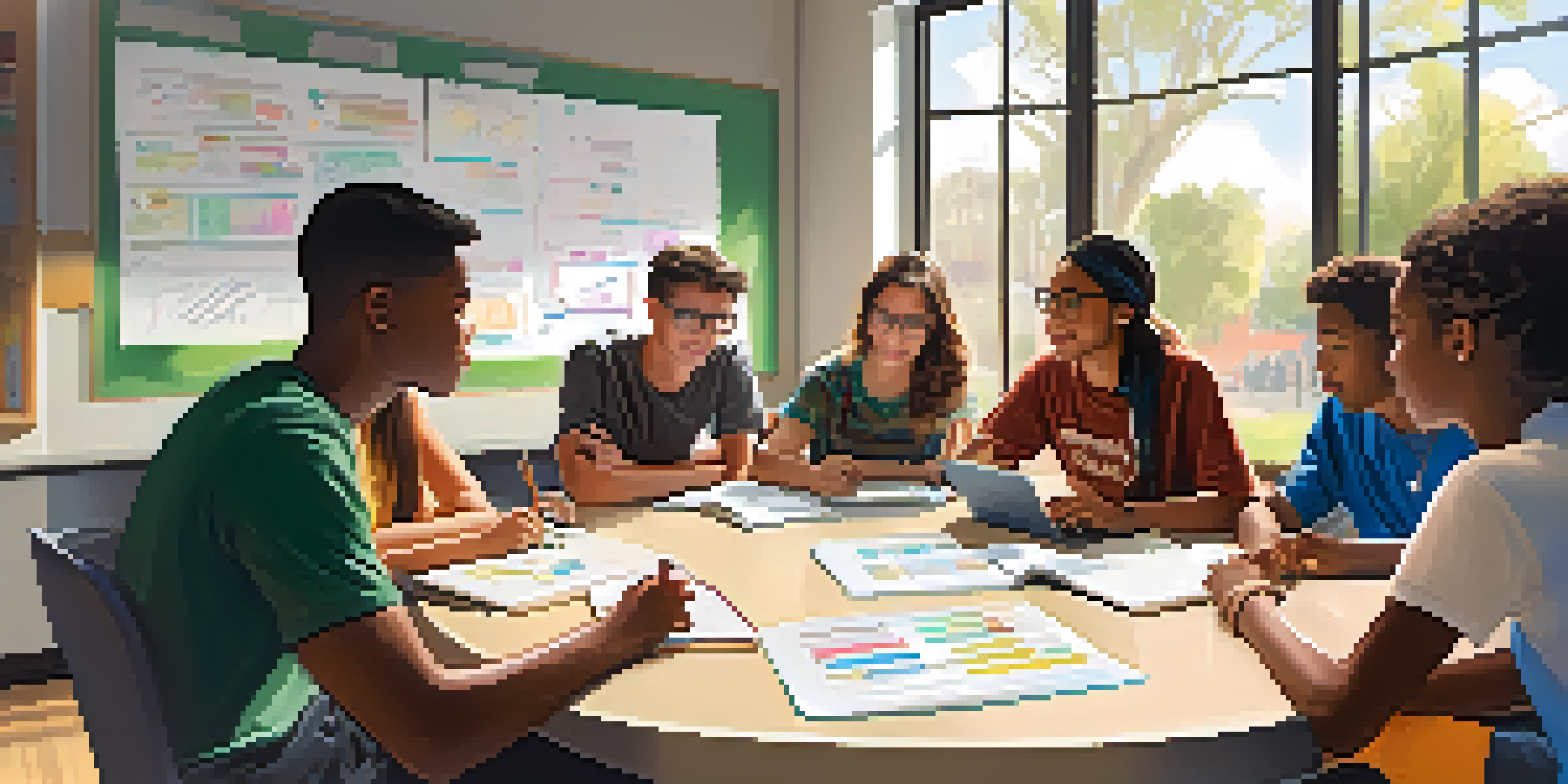 A diverse group of students sitting around a circular table, engaged in a lively discussion with laptops and notebooks. Natural light shines through windows, illuminating the room filled with notes and diagrams.
