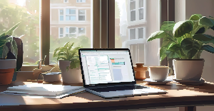 A cozy workspace with a laptop displaying a budgeting app, a coffee cup, a notepad, and a potted plant, illuminated by natural light.