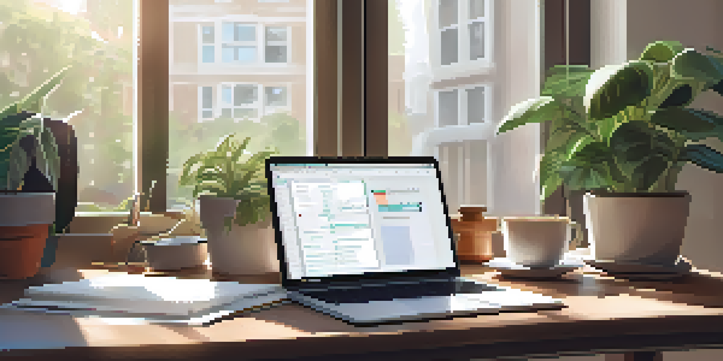 A cozy workspace with a laptop displaying a budgeting app, a coffee cup, a notepad, and a potted plant, illuminated by natural light.