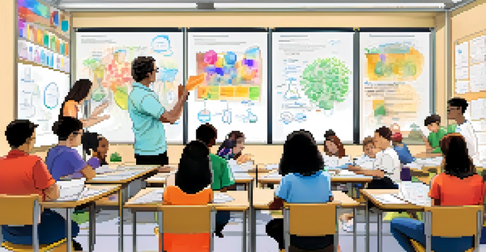 A lively classroom with diverse students collaborating on a hands-on project, illuminated by natural light and decorated with colorful educational posters.