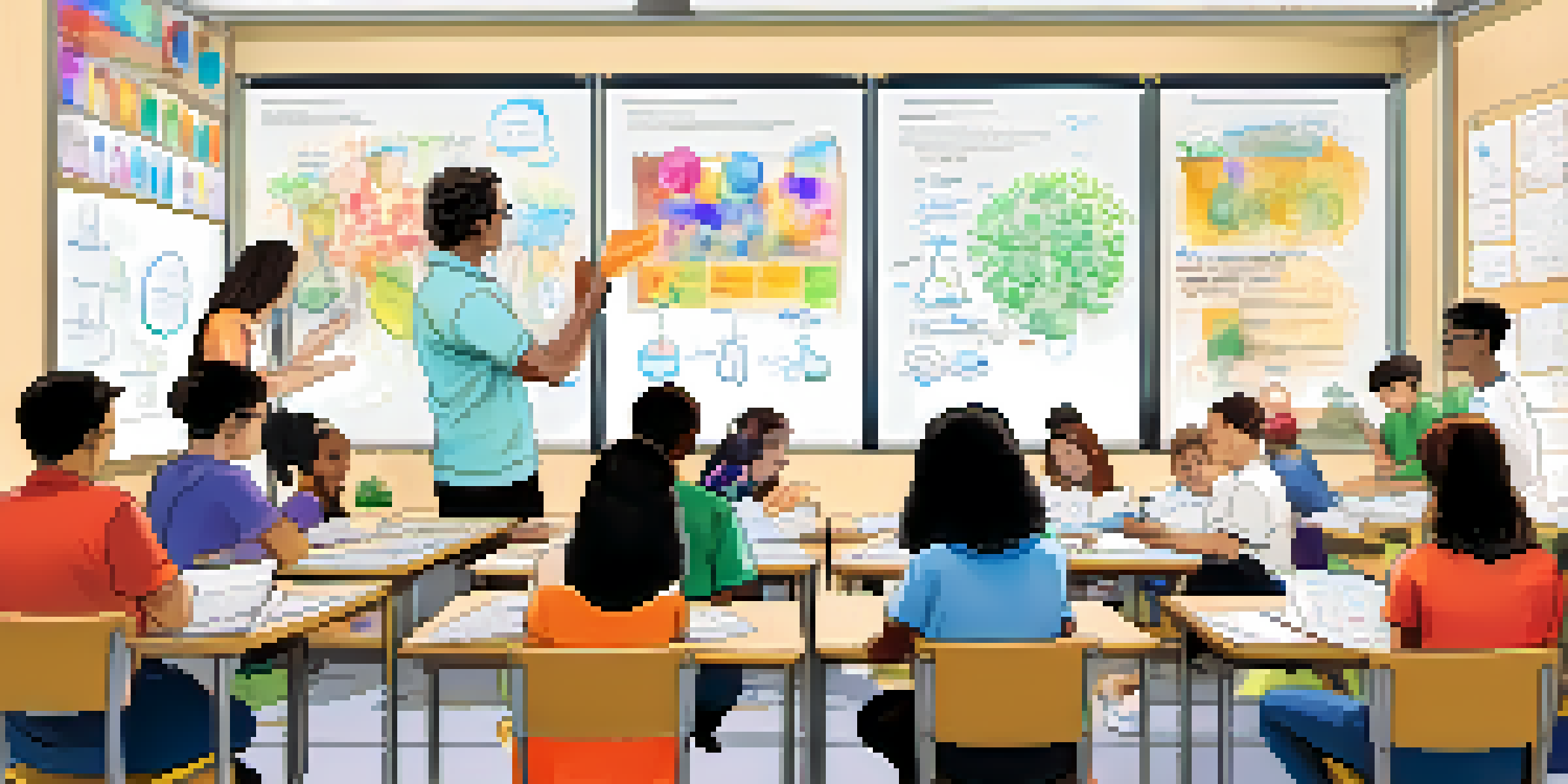 A lively classroom with diverse students collaborating on a hands-on project, illuminated by natural light and decorated with colorful educational posters.