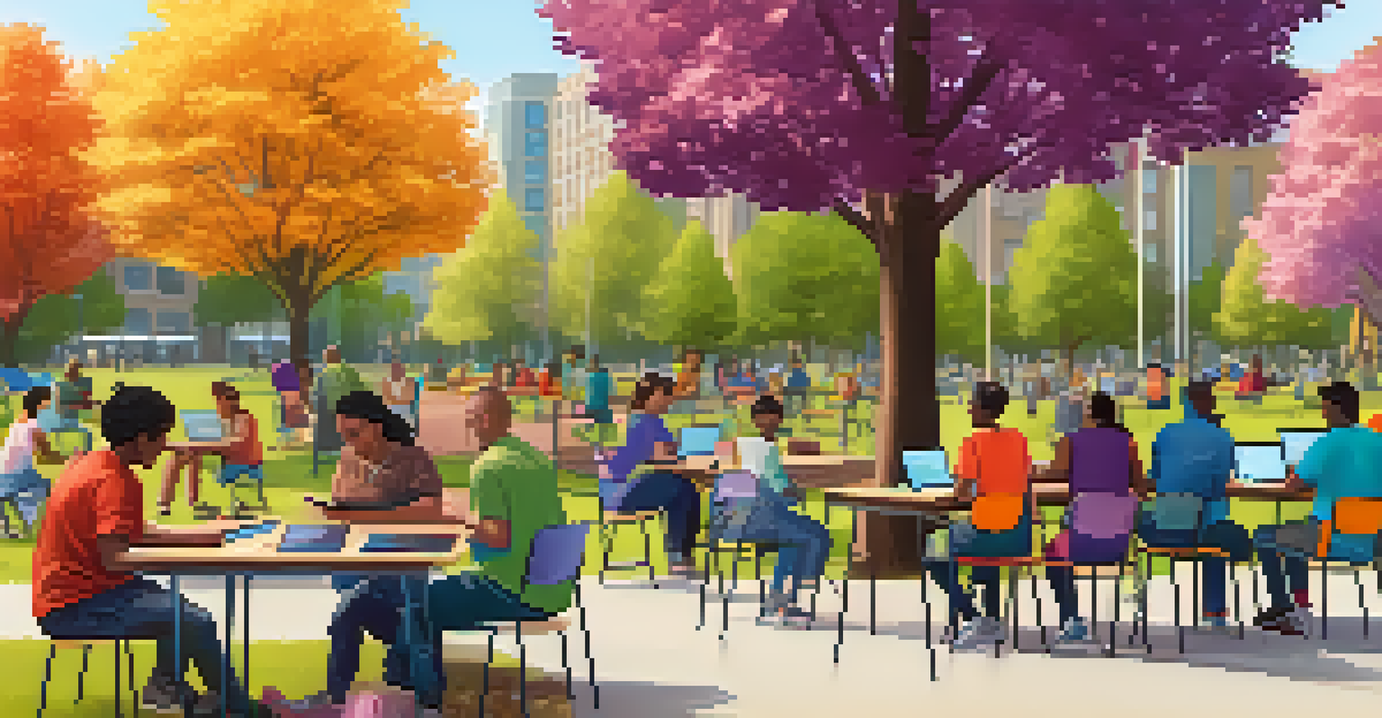 An outdoor workshop in a park where adults are learning digital skills with laptops and tablets, surrounded by a lively and inviting atmosphere.