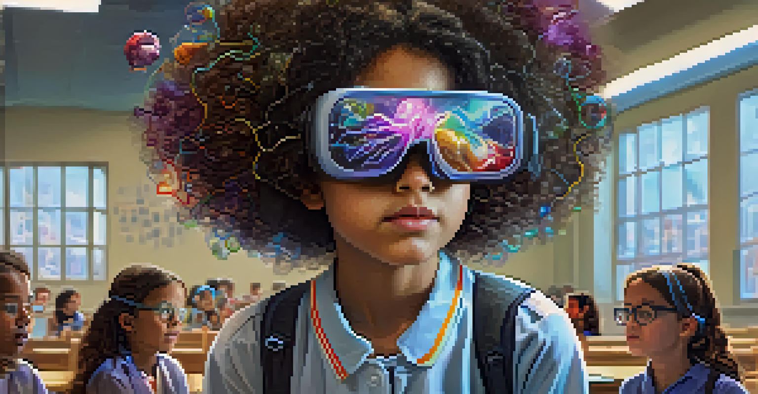 A young girl using augmented reality glasses to explore a holographic human body in a modern classroom.