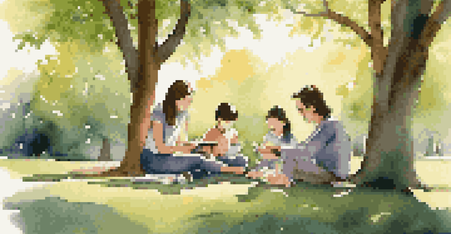 A family in a park using a portable Wi-Fi device for homework, with parents assisting their children on a tablet amidst a peaceful, green setting.