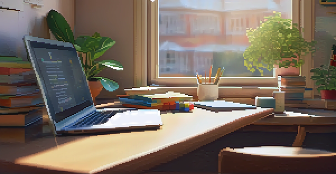 A cozy study room featuring a wooden desk with a laptop, educational tools, and a potted plant, illuminated by soft natural light.