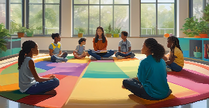 A calm classroom with students practicing mindfulness on colorful mats, illuminated by soft natural light, with plants in the background.