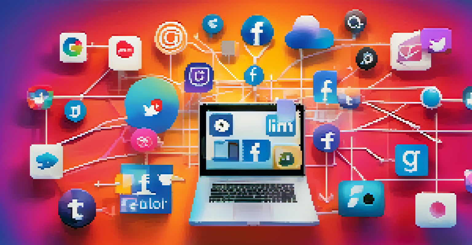 A colorful graphic showing social media icons and multimedia tools interconnected, representing collaboration and creativity.