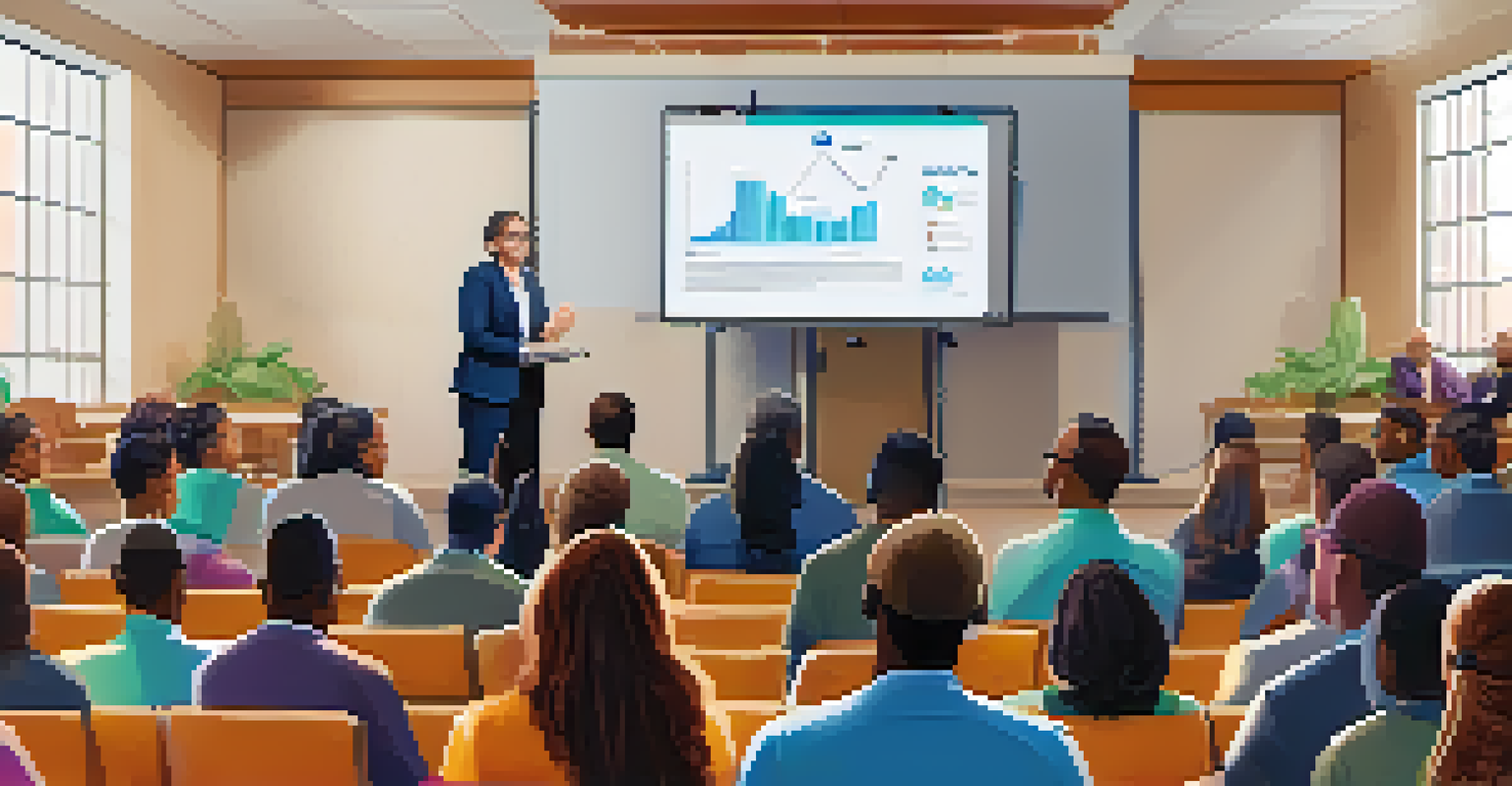 A government official presenting a digital access improvement plan at a town hall meeting, with community members listening and a screen displaying charts.