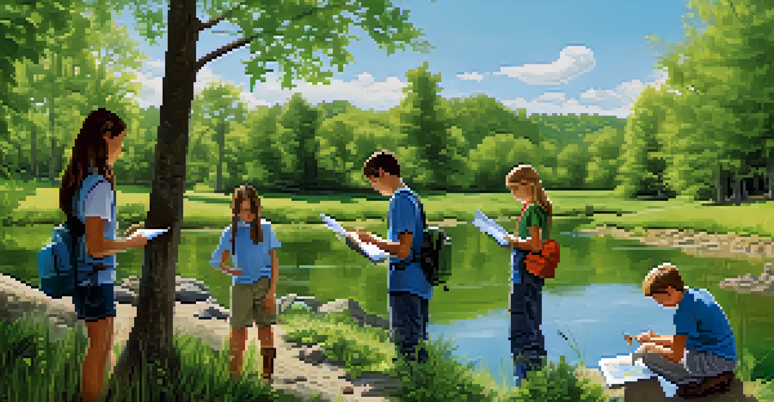 Students conducting an outdoor science project, exploring environmental issues near a stream.