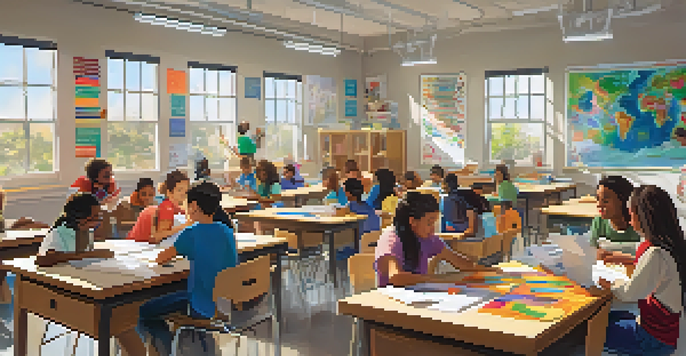 A lively classroom with diverse students collaborating on a project, surrounded by art supplies and natural light.