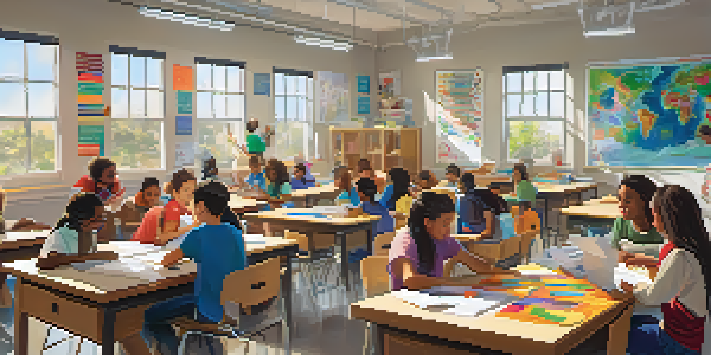 A lively classroom with diverse students collaborating on a project, surrounded by art supplies and natural light.