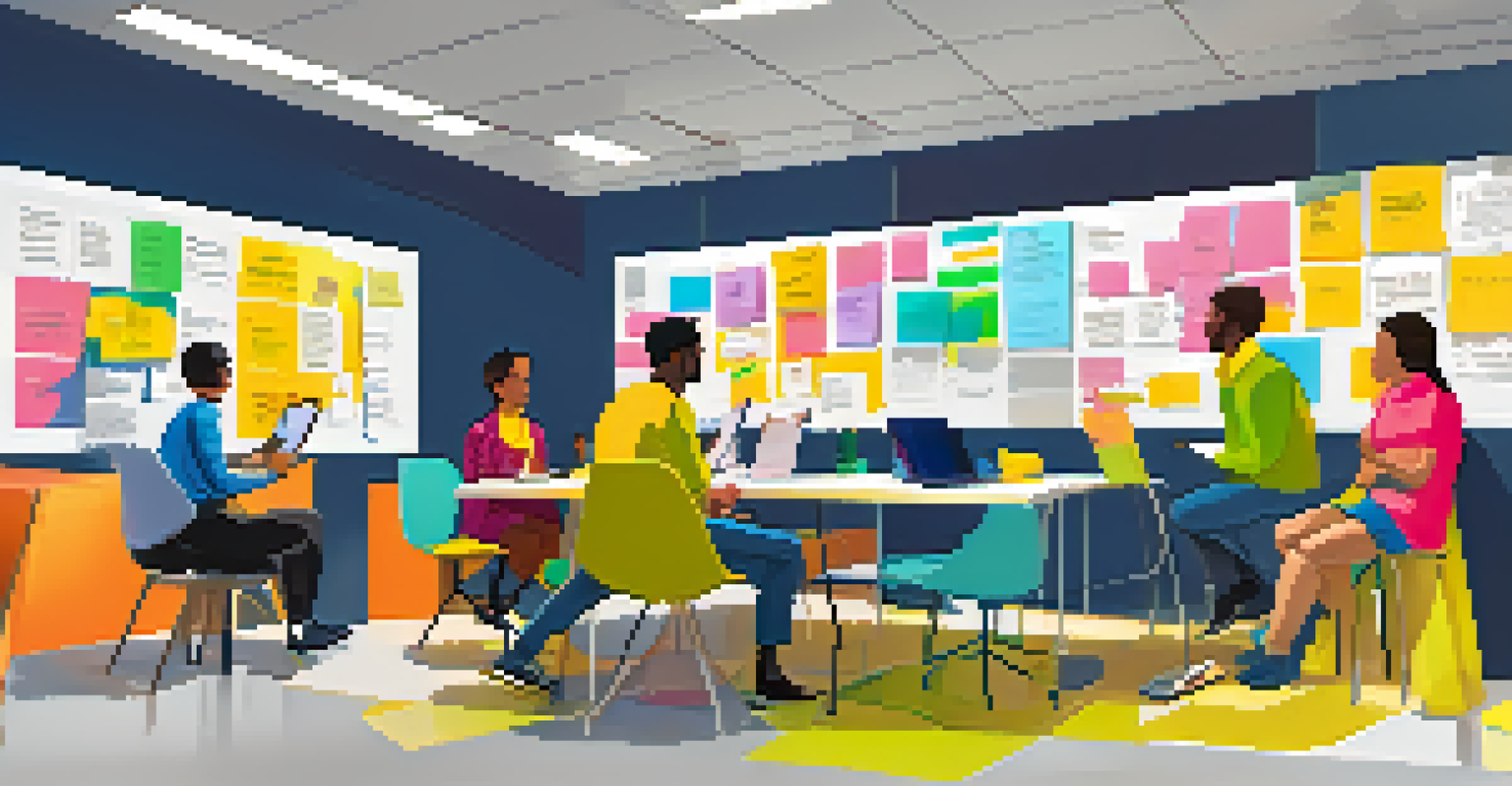 Team members in small groups brainstorming with post-it notes and digital tools, conveying an energetic and interactive learning environment.