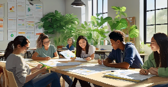 A diverse group of students collaborating on sustainability projects at a table, surrounded by plants and natural light.