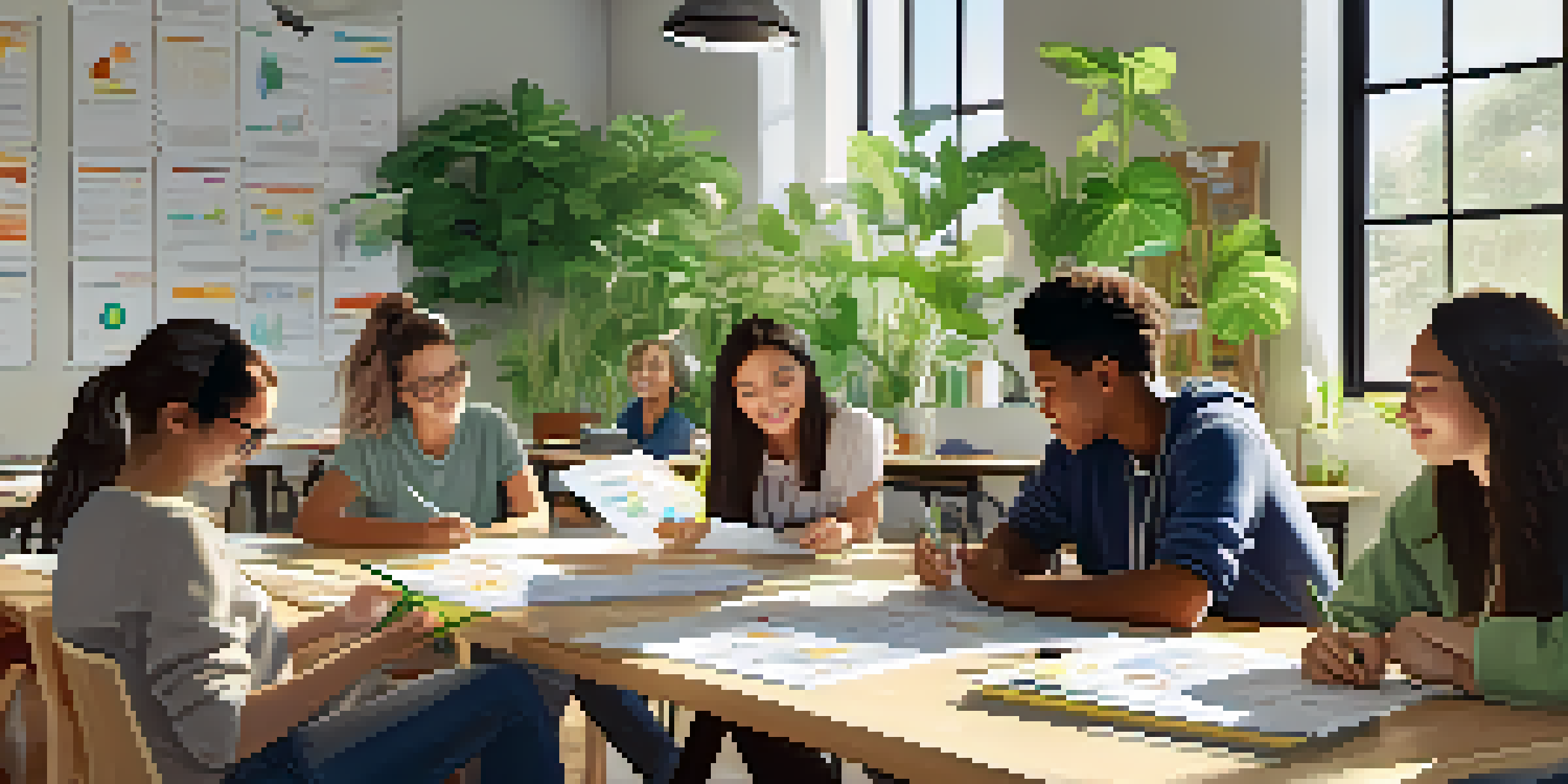 A diverse group of students collaborating on sustainability projects at a table, surrounded by plants and natural light.
