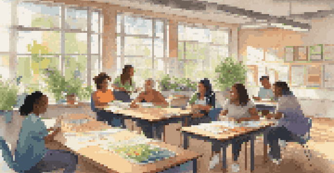 A bright classroom where diverse teachers are happily discussing and collaborating, surrounded by educational materials and plants.