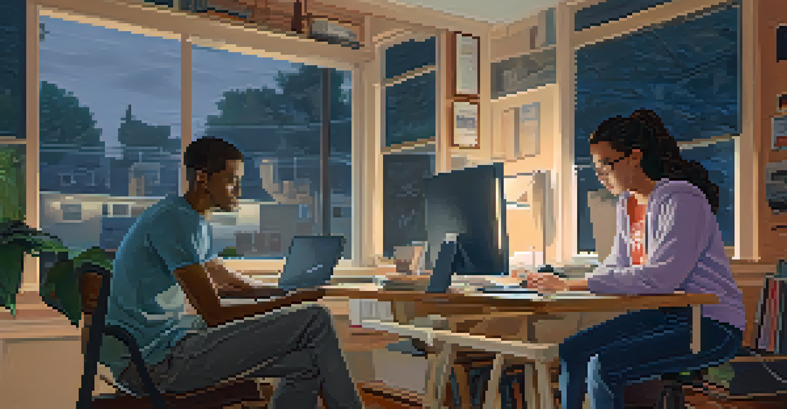 A split-screen image showing a student with a strong internet connection in a well-lit home office contrasted with another student in a dim room with limited technology access.