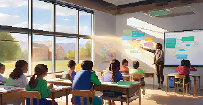 A classroom with a teacher and students using laptops, with colorful diagrams on the whiteboard and sunlight coming through the windows.