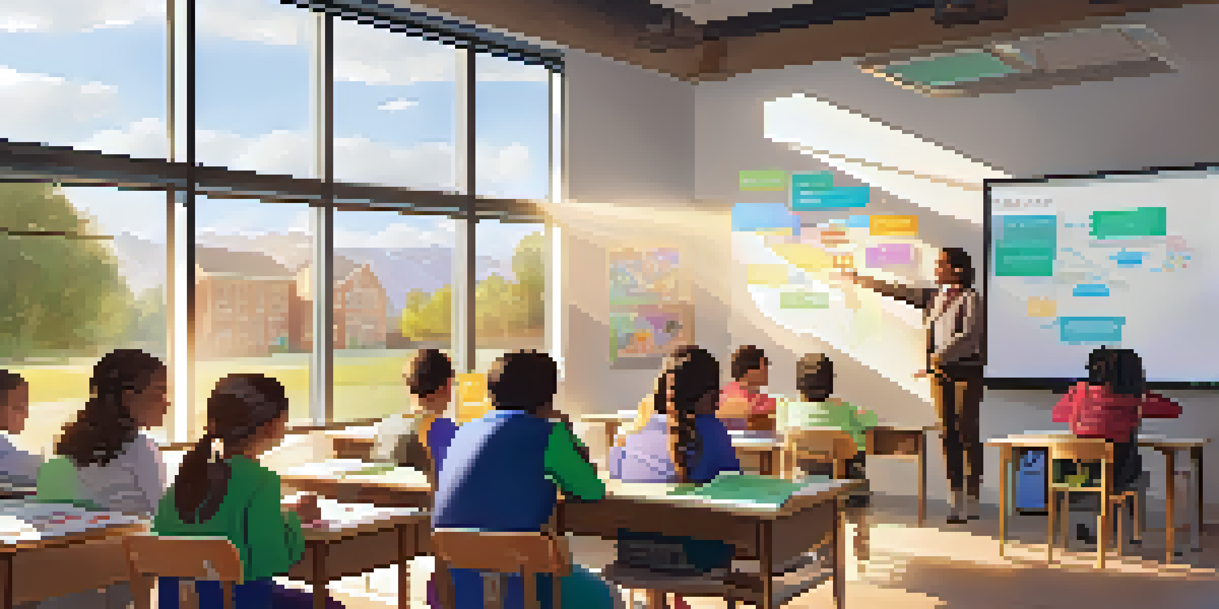 A classroom with a teacher and students using laptops, with colorful diagrams on the whiteboard and sunlight coming through the windows.