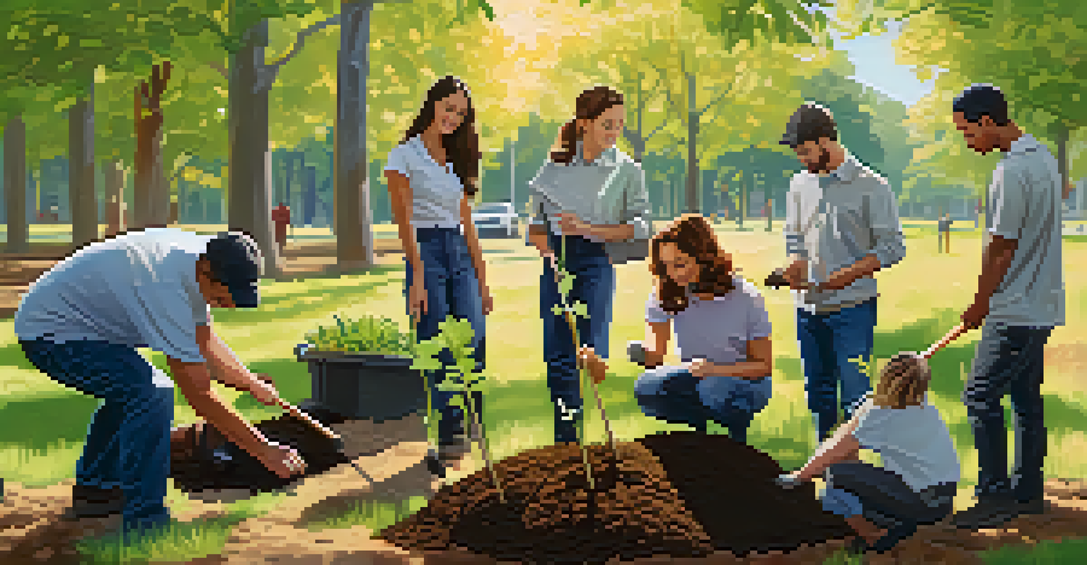 Young professionals planting trees in a park as part of a sustainability project, showcasing teamwork and environmental care.