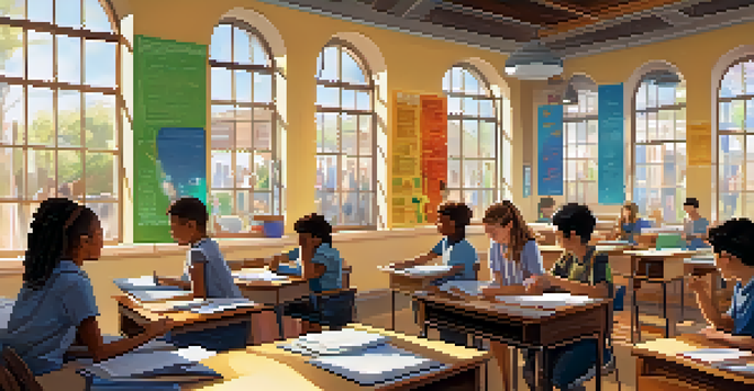 A lively classroom with diverse students participating in various learning activities, illuminated by sunlight.