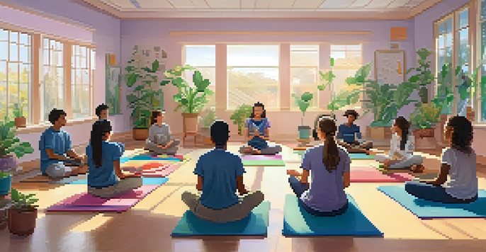 A peaceful classroom with students practicing mindfulness, sitting cross-legged on mats, surrounded by plants and soft lighting.