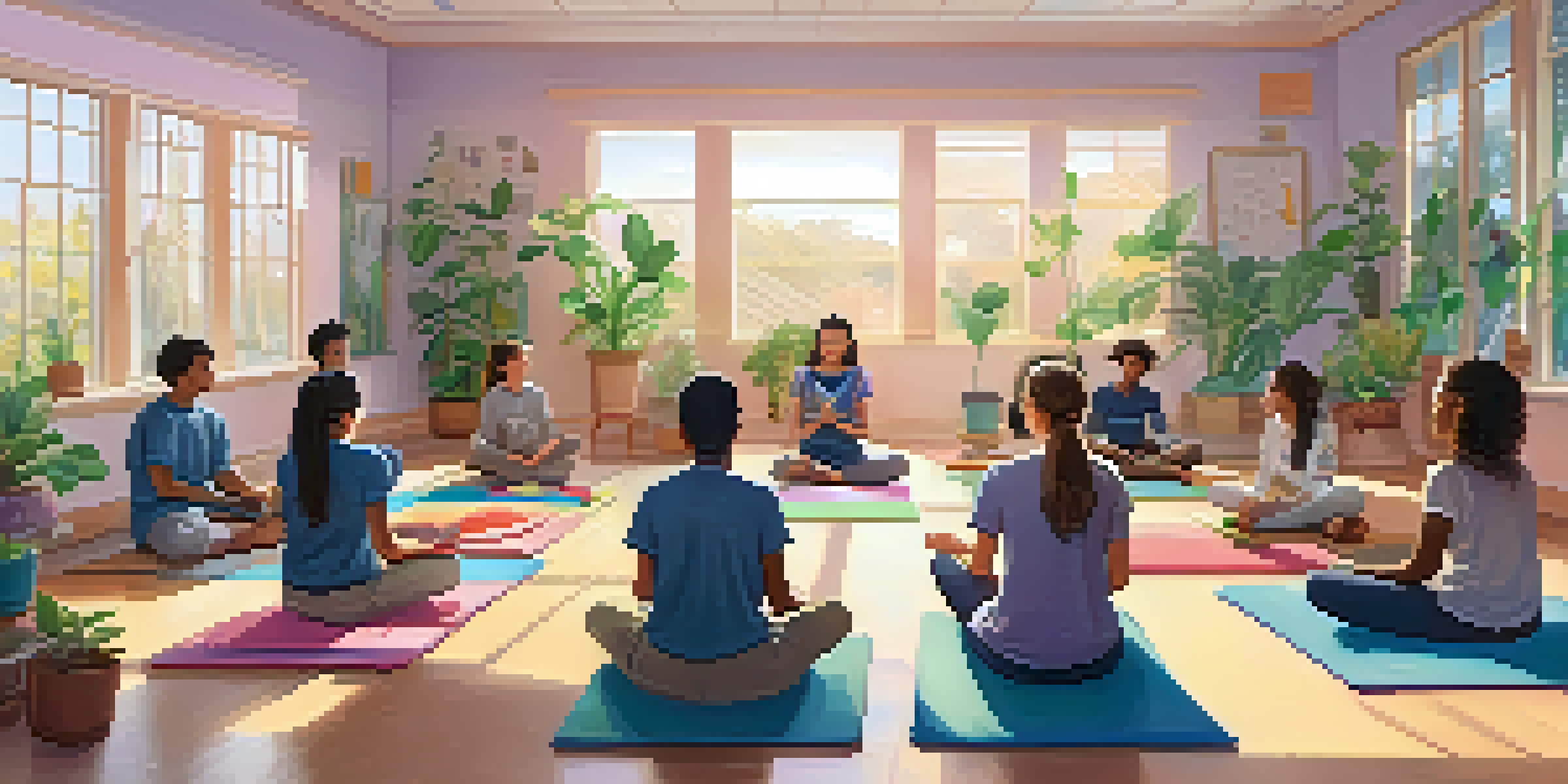A peaceful classroom with students practicing mindfulness, sitting cross-legged on mats, surrounded by plants and soft lighting.