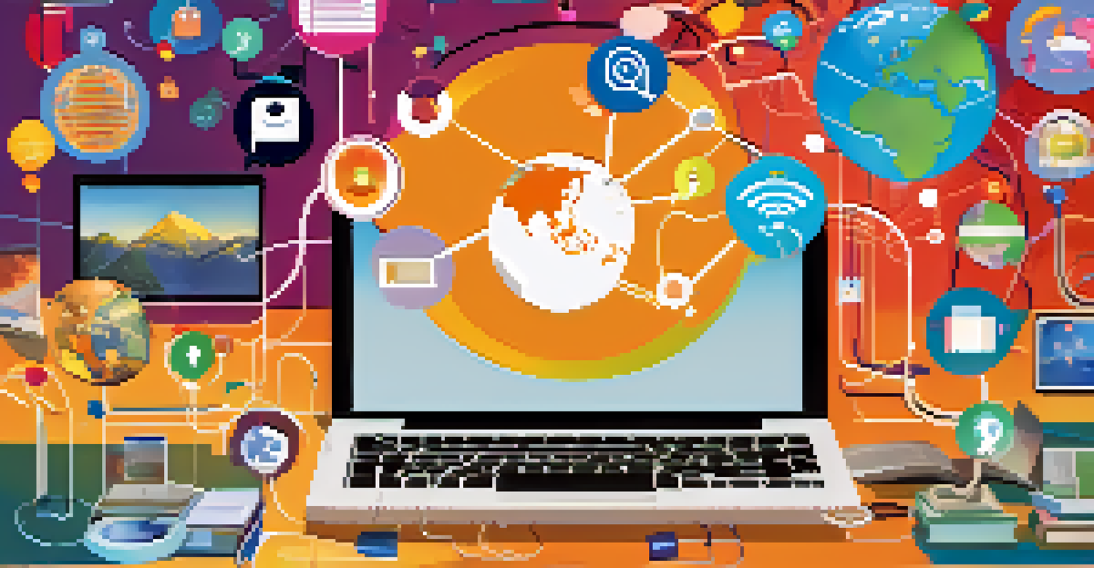 A colorful collage of remote education tools and icons representing global connectivity and digital learning.