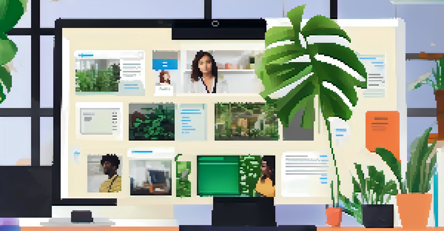 A close-up of a computer screen with a chat platform filled with messages and shared resources, set in a modern workspace with plants and soft lighting.