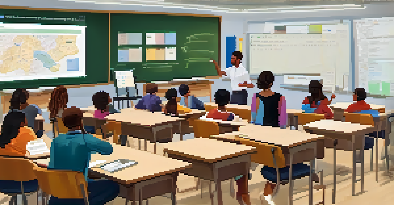 An educator teaching in a hybrid classroom, with some students in-person and others displayed on a screen, creating an inclusive learning environment.