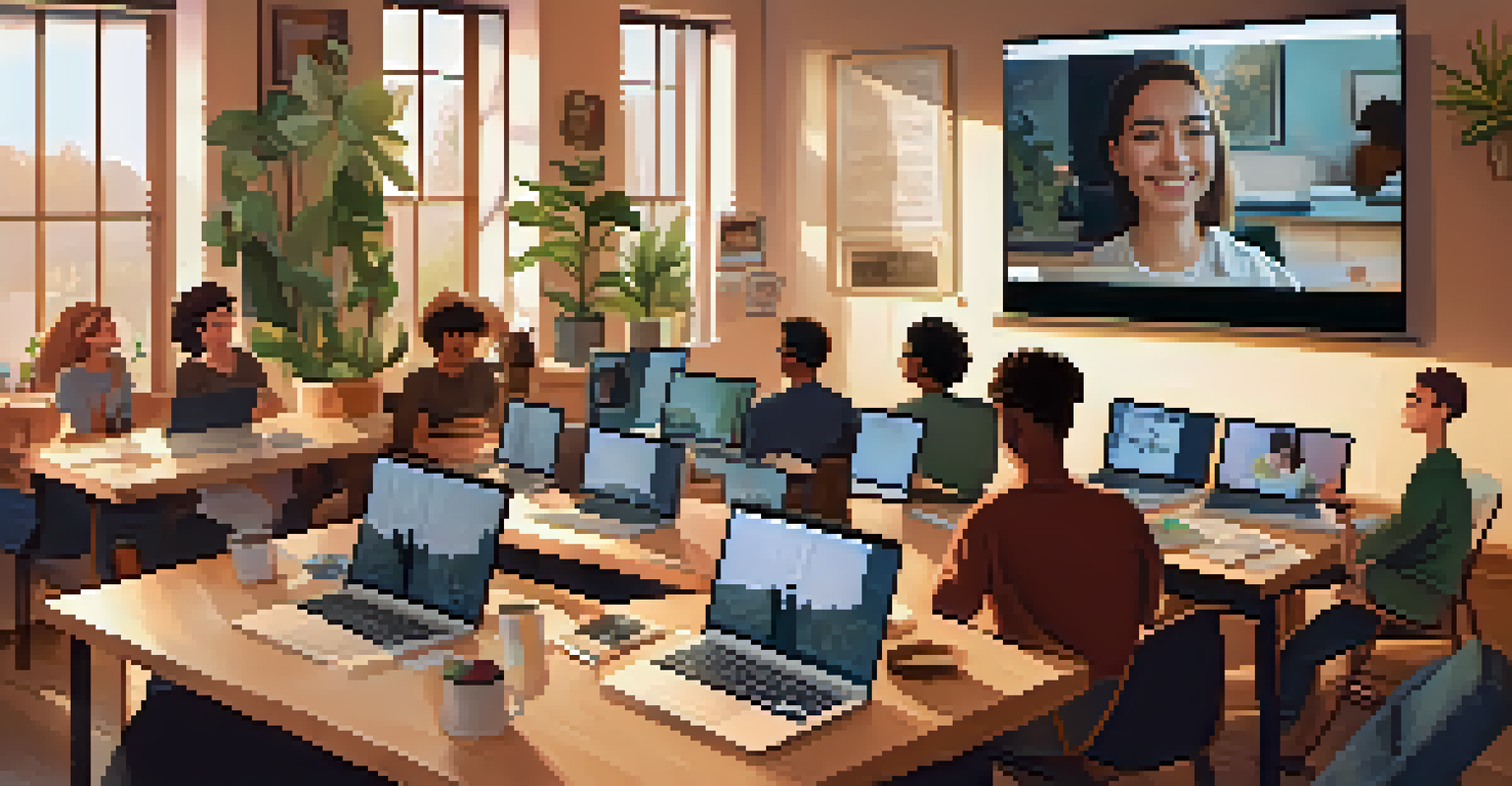 Students participating in an online study group, engaged in discussion over video call, with study materials visible in their spaces.
