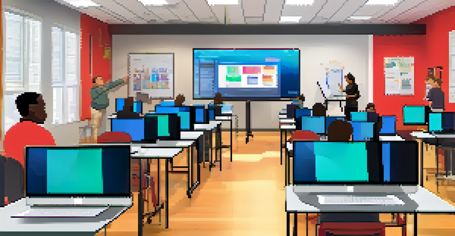 A workshop for educators where teachers engage in a hands-on coding session with laptops and a facilitator guiding the group.