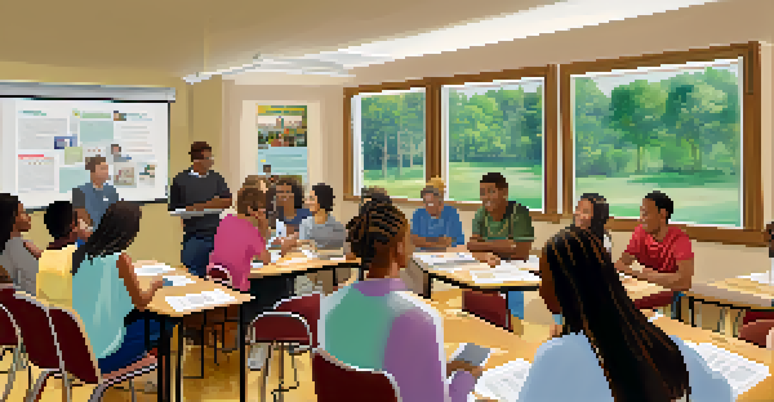 A community workshop where adults and students discuss college resources, highlighting community engagement in education.