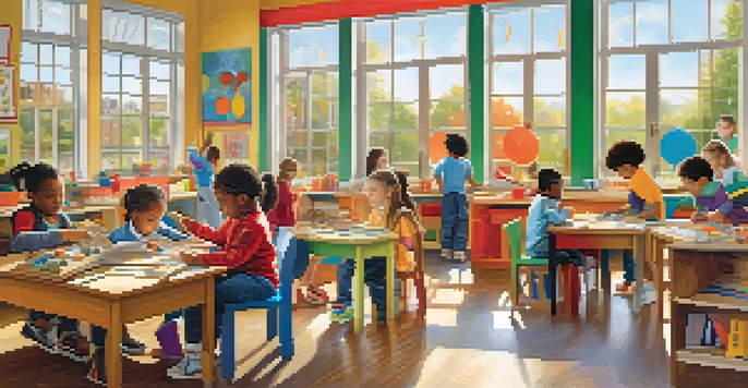 A lively classroom filled with children of different backgrounds engaged in a science experiment, surrounded by colorful materials and bathed in natural light.