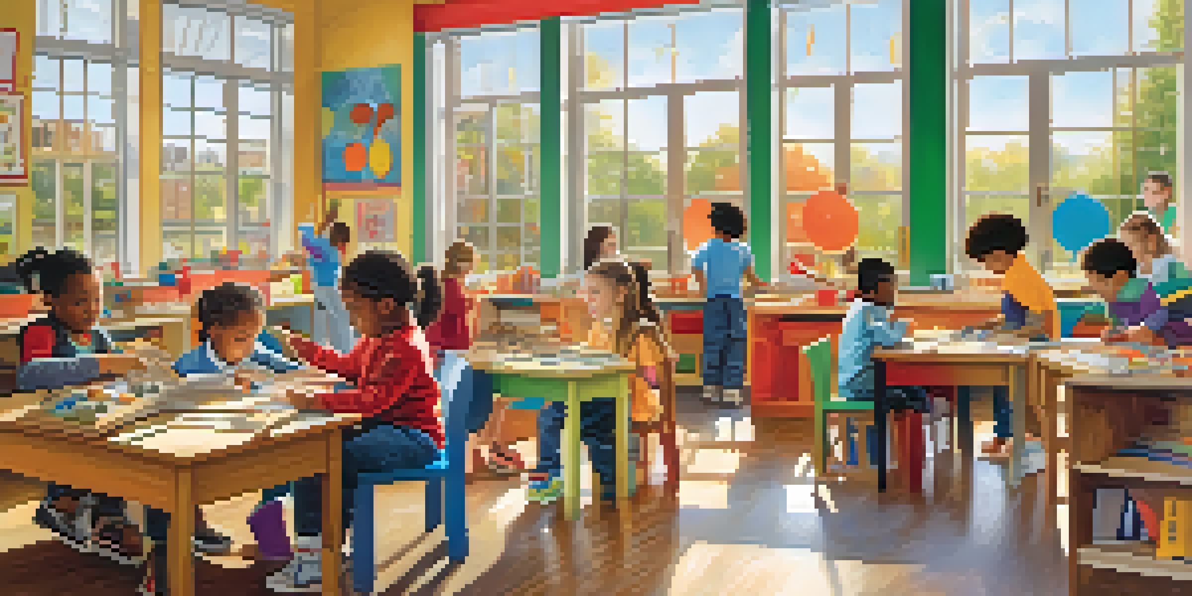 A lively classroom filled with children of different backgrounds engaged in a science experiment, surrounded by colorful materials and bathed in natural light.
