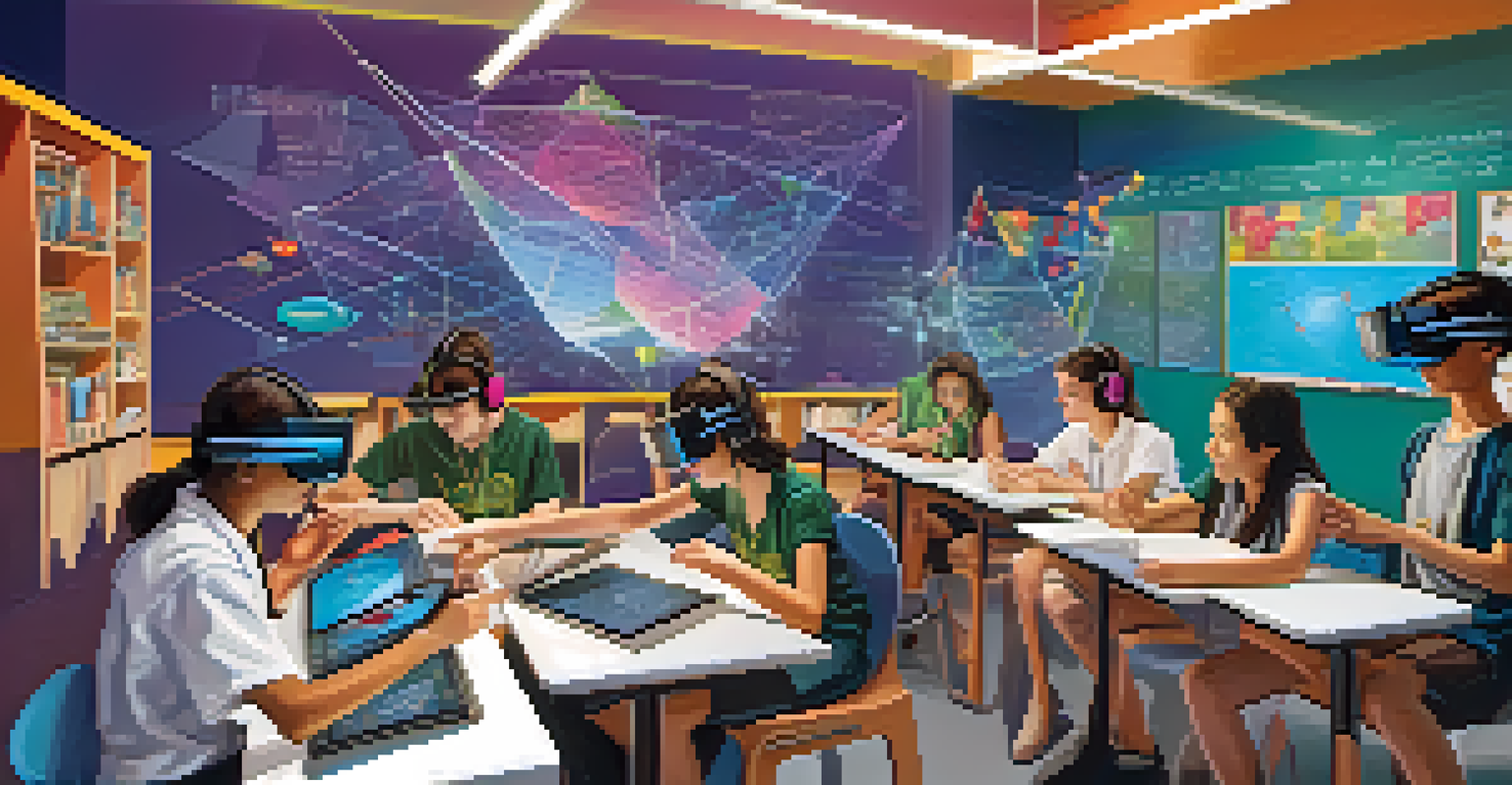 Students using virtual reality headsets in a modern classroom to explore math concepts in 3D.