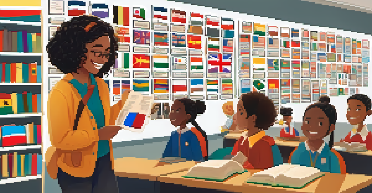 A teacher in a classroom filled with diverse literature, engaging with students, surrounded by flags and artwork, creating an inclusive learning environment.