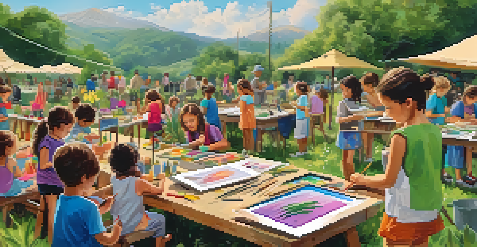 Children participating in an outdoor art workshop, painting and working with clay amidst a vibrant natural environment.