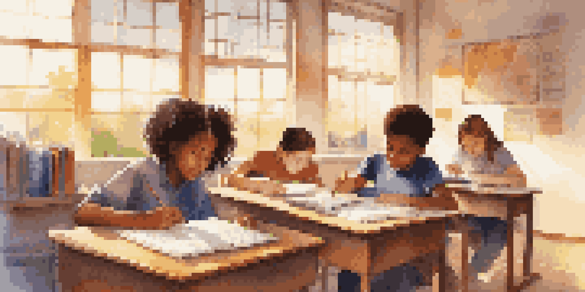 A bright classroom with students engaged in various learning activities, including reading, working with charts, and using a tablet.