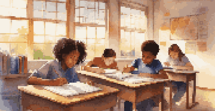A bright classroom with students engaged in various learning activities, including reading, working with charts, and using a tablet.
