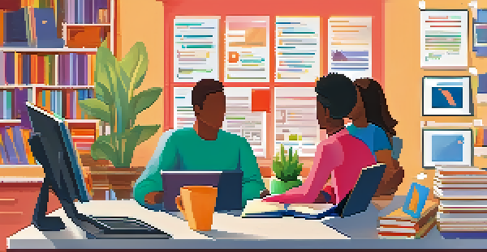 A computer screen displaying an online discussion board in a cozy study room, with diverse students engaging in conversation.