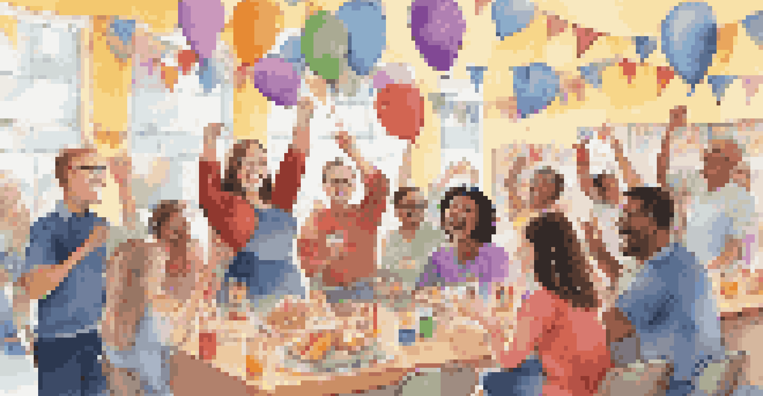 Educators celebrating their achievements in a decorated room, exchanging smiles and high-fives with snacks on a table.