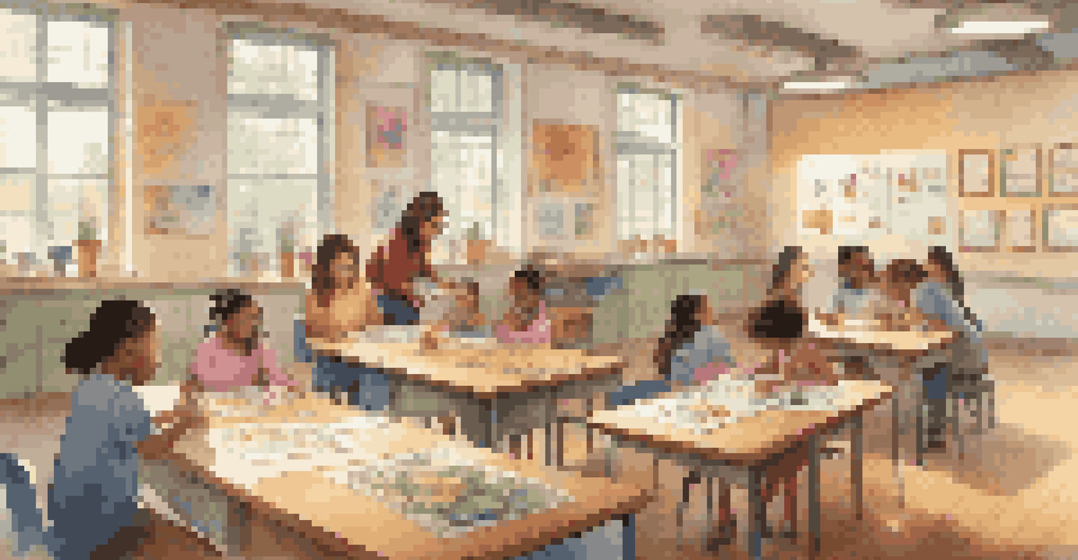 A classroom where parents are volunteering with teachers, helping children with crafts, surrounded by colorful artwork and educational materials.